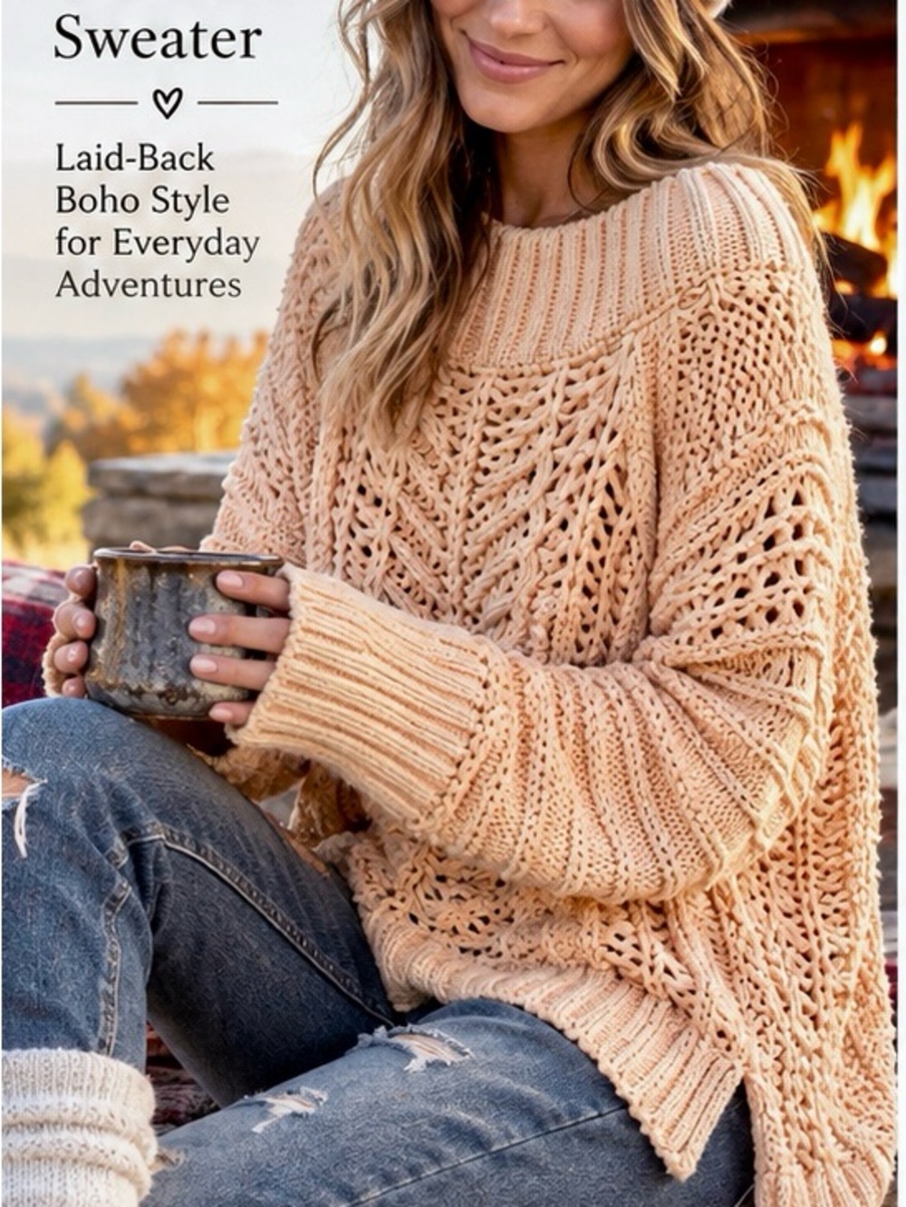 Free People Peach Open-Knit High—Low Cowl Sweater
